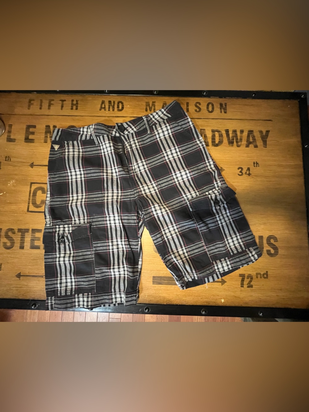Guess Men’s Black Plaid Cargo Shorts